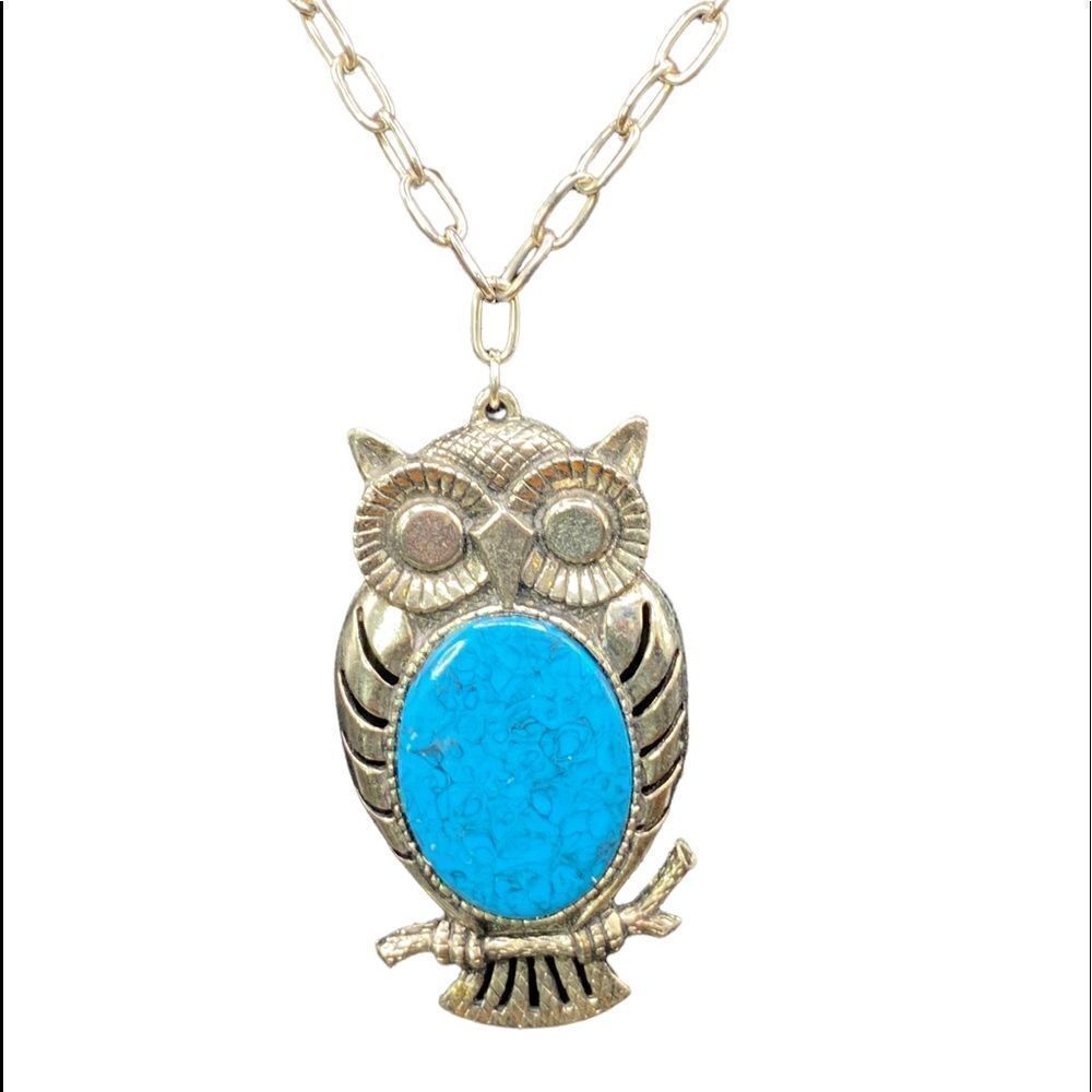 Silvertone Turquoise color inset belly owl sitting on branch pendant necklace